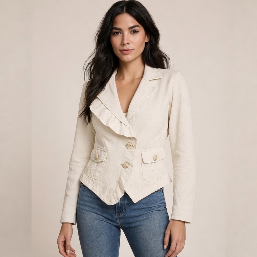 CAbi Linen Ruffle Jacket Style 325 Beige Oatmeal Medium